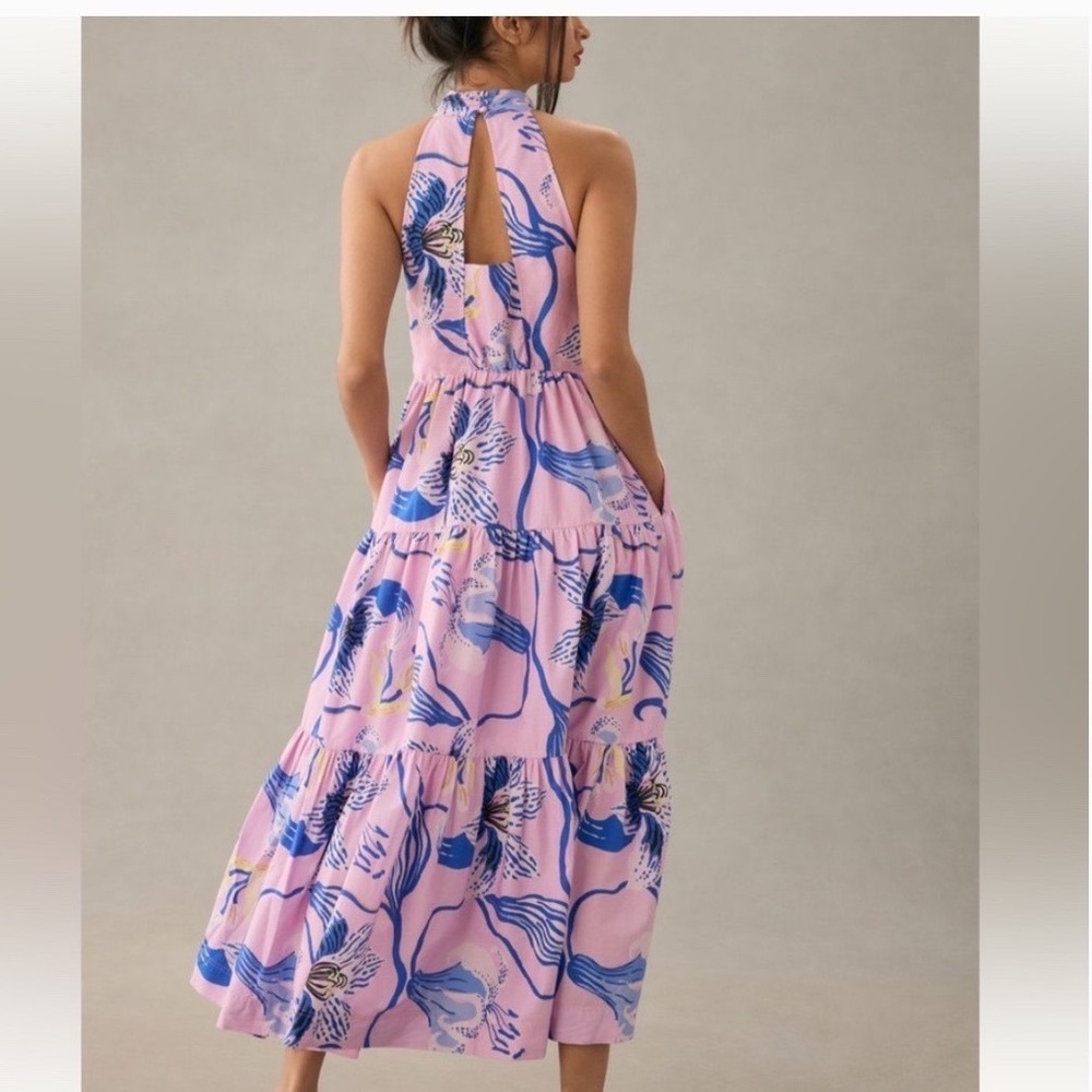 Anthropologie Sarah Gordon for Maeve Pink Blue Floral Halter Maxi Dress Size 8 - Picture 2 of 14
